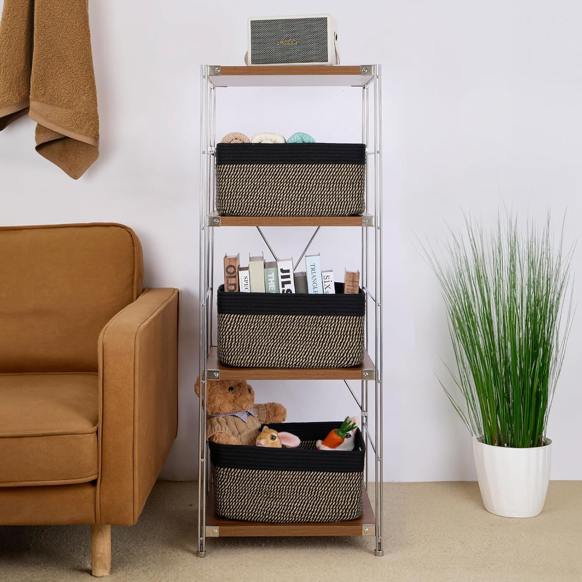 Large Storage Baskets for Shelves, Closet Organizers Bins for Clothes Blanket Towels, Baby Nursery, Toy Baskets Box, Woven Rope Baskets, 17 x 13 x 7.5”, 3 Packs Woven Brown