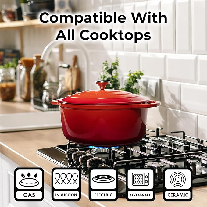Zulay Kitchen 5 Quart Enameled Cast Iron Dutch Oven Pot with Lid – Premium Durability & Oven Safe up to 500°F – Heavy Duty Cookware Perfect for Bread Baking, Stews, Braising & Roasting – Orange