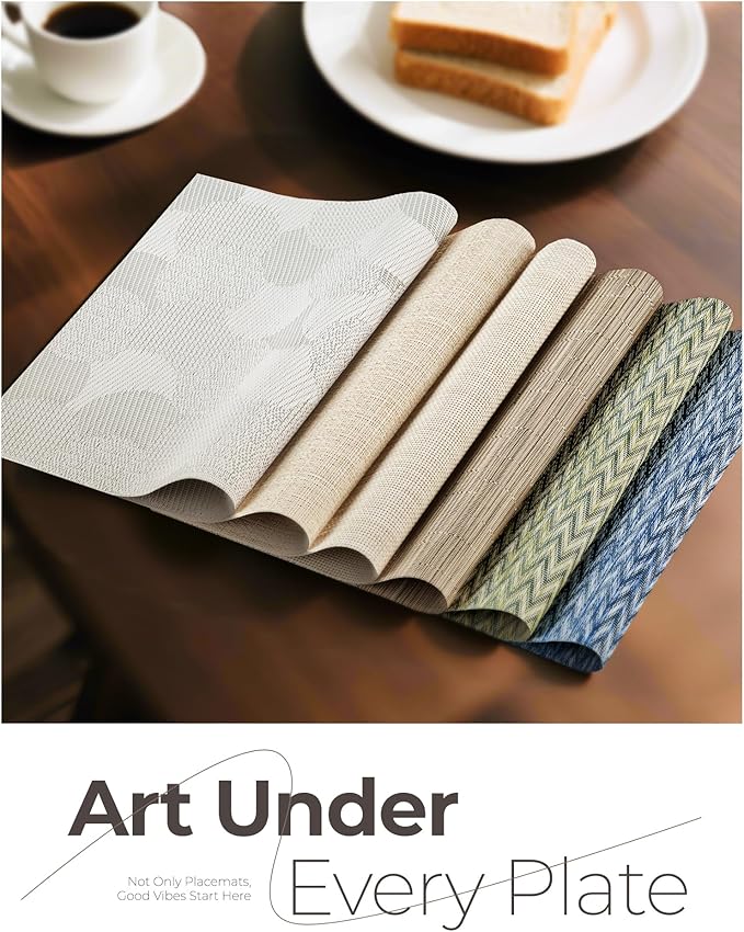 Leetaltree Light Brown Placemats Set of 6 - Heat Resistant Non-Slip Place mats for Dining Table, Washable Durable PVC Vinyl Woven Table Mats（Light Brown, 6）
