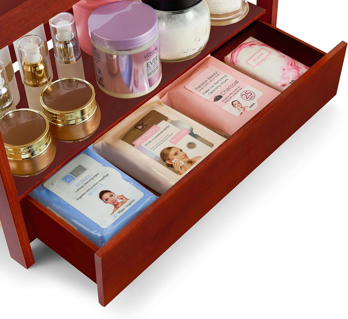 Sorbus Bamboo Bathroom Counter Organizer – 2-Tier Shelf with Hidden Drawer for Vanity, Matcha Station, Bathroom Sink Organizer Countertop, Kitchen & Office Storage (13″ L x 6.5″ W x 12.6″ H) (Brown)