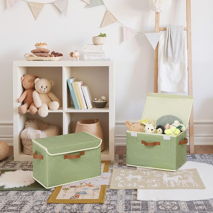 GRANNY SAYS Fabric Storage Bins with Lids, Decorative Storage Boxes with PU Handles, Keepsake Memory box, Shelf Baskets for Closet, Sage Green, Large, 2-Pack