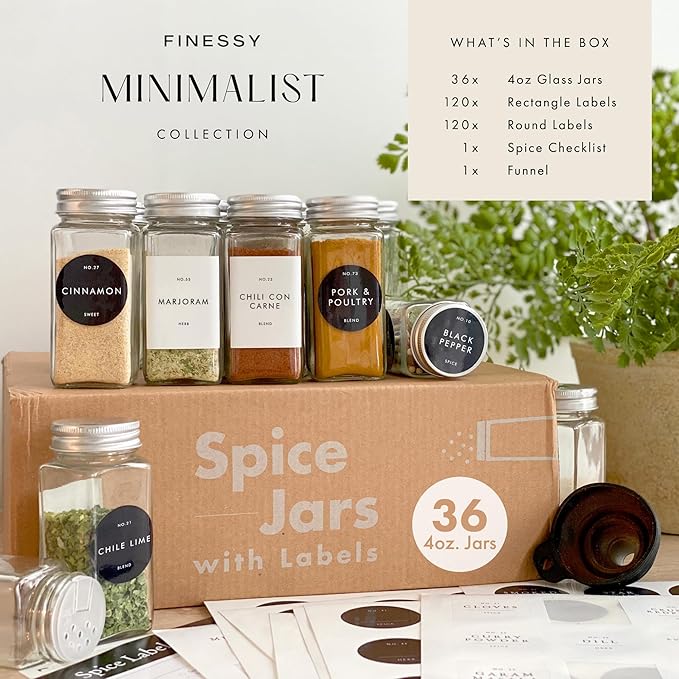 Glass Spice Jars with Labels with Metal Lids and Shakers Minimalist 36 Pack Set, 4oz Small Clear Empty Spice Bottles Seasoning Containers with Label Organizer Square Herb Seasoning Jars for Kitchen