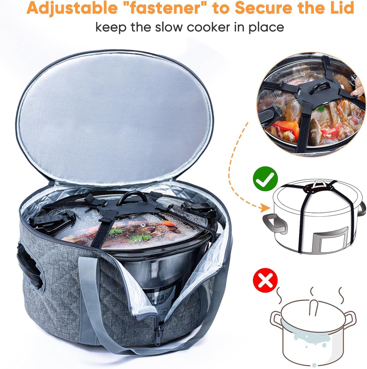 BAGSPRITE Double-layer Slow Cooker Carrying Case Compatible with 6-8 Quart Crockpot Carrier for Hot Food and Hamlton Beach Slow Cooker Tote with Lid Fastener for Crock-pot Dust Cover Applicances