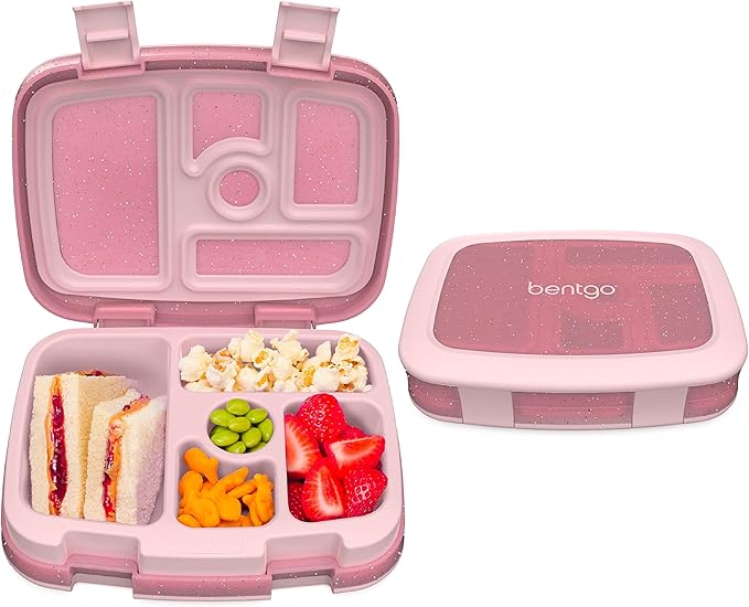 Bentgo Kids 5-Compartment Lunch Box - Glitter Design for School, Ideal for Ages 3-7, Leak-Proof, Drop-Proof, Dishwasher Safe, & Made with PFAS & BPA-Free Materials (Glitter Edition - Petal Pink)