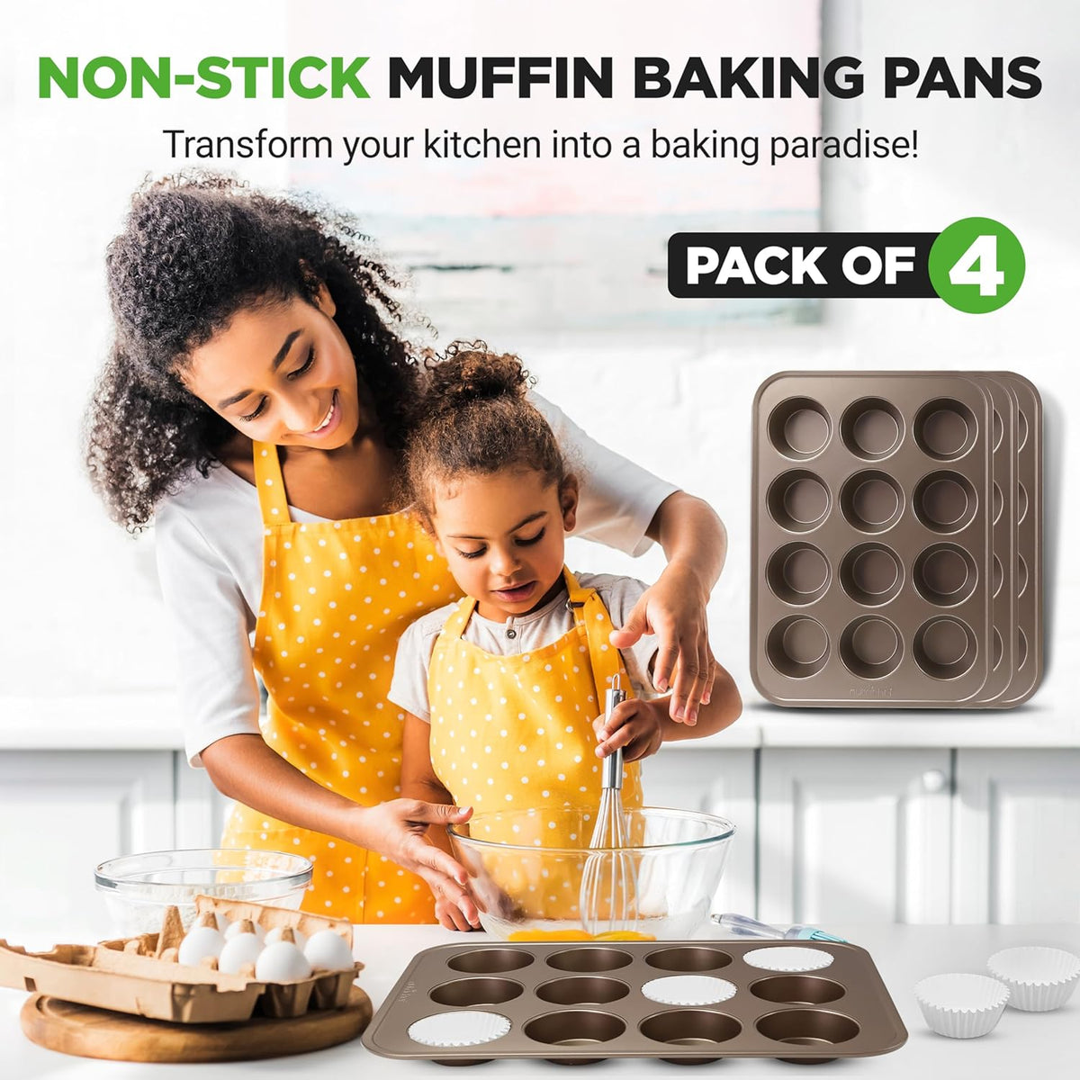 NutriChef Muffin Pans for Baking 4-Pack | Nonstick 12 Mold Cupcake Tins | Carbon Steel Stackable Cup Cake Trays | Dishwasher & Oven Safe | Includes 200 Parchment Paper Liners | 13 x 10 x 1 | Gold