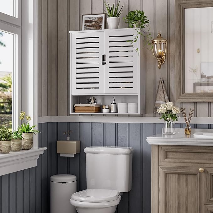 SMIBUY Bathroom Cabinet Wall Mounted, Bamboo Over-The-Toilet Storage Organizer, Space Saver Medicine Cabinet with 2 Door and Adjustable Shelves (White)
