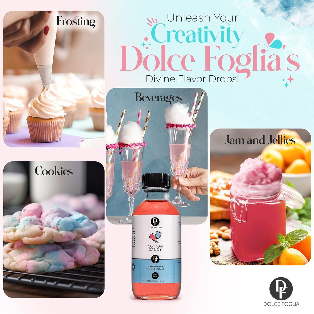 Dolce Flav Cotton Candy Extract – Kosher, Sugar-Free, Concentrated Carnival-Style Flavoring for Baking, Frostings & Drinks, Includes Measured Dropper, 2 oz Pack of 2