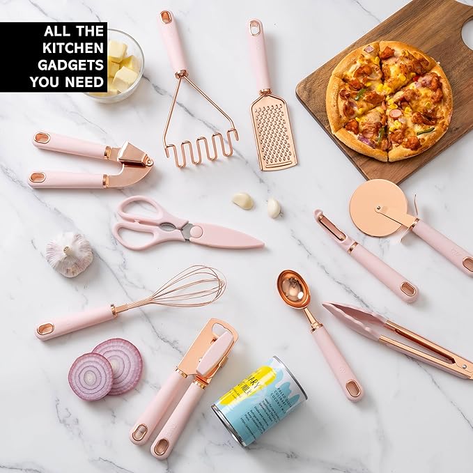 COOK WITH COLOR Kitchen Gadget Set Copper Plated Stainless Steel Utensils with Soft Touch Handles, Copper Pink, 10 Pieces
