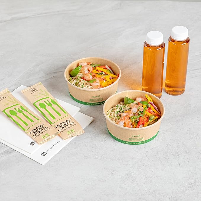 Restaurantware Paper Food Containers 50 Pack Of 25 oz Disposable Round Kraft Salad Bowls BPI-Certified Compostable Stackable Greaseproof Meal Prep Take Out Containers For Soups, Snacks And Desserts