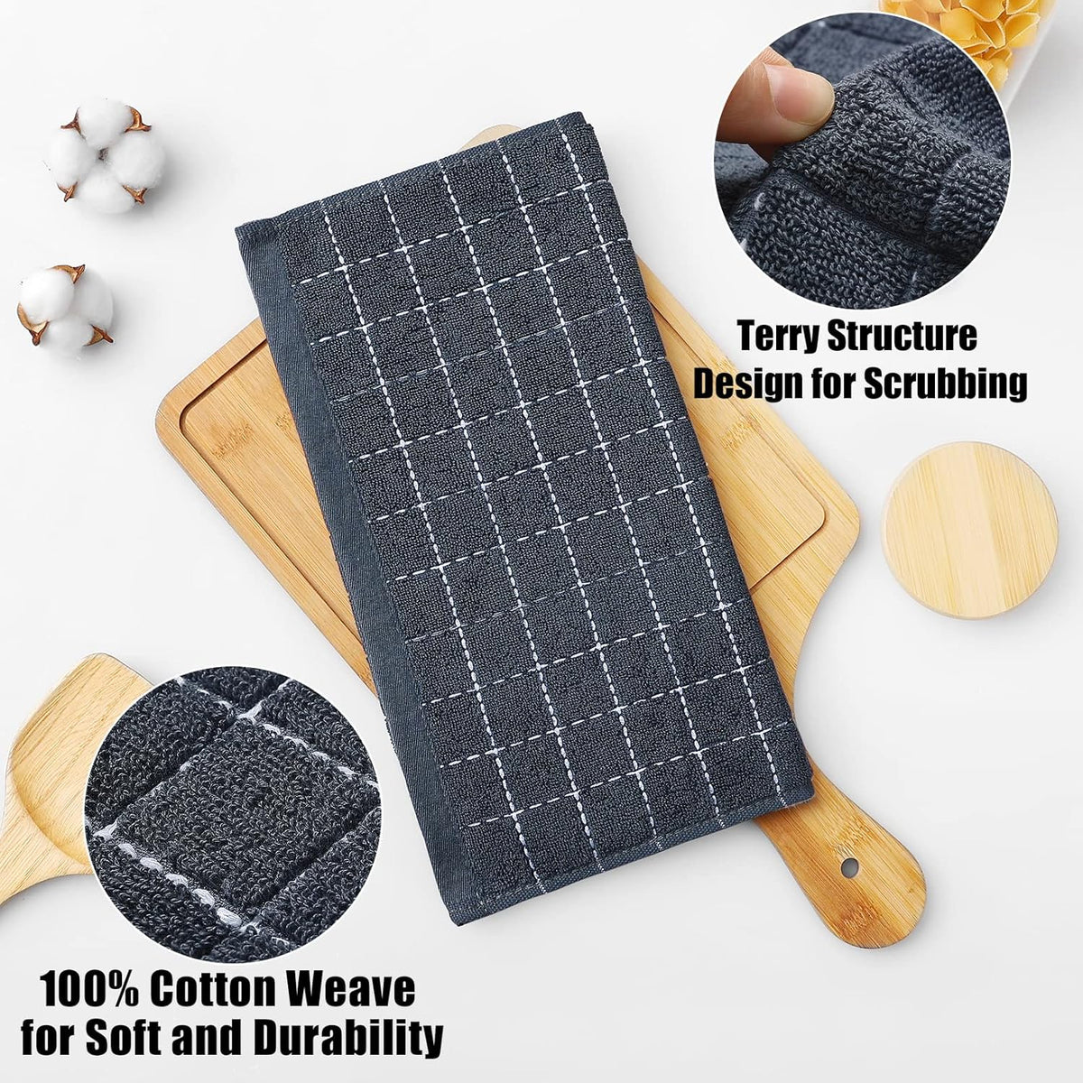 Homaxy 100% Cotton Terry Kitchen Dish Cloths, Ultra Soft and Absorbent Dish Towels for Kitchen, Suitable for Drying and Washing Dishes, 6 Pack, 12 x 12 Inches, Dark Grey