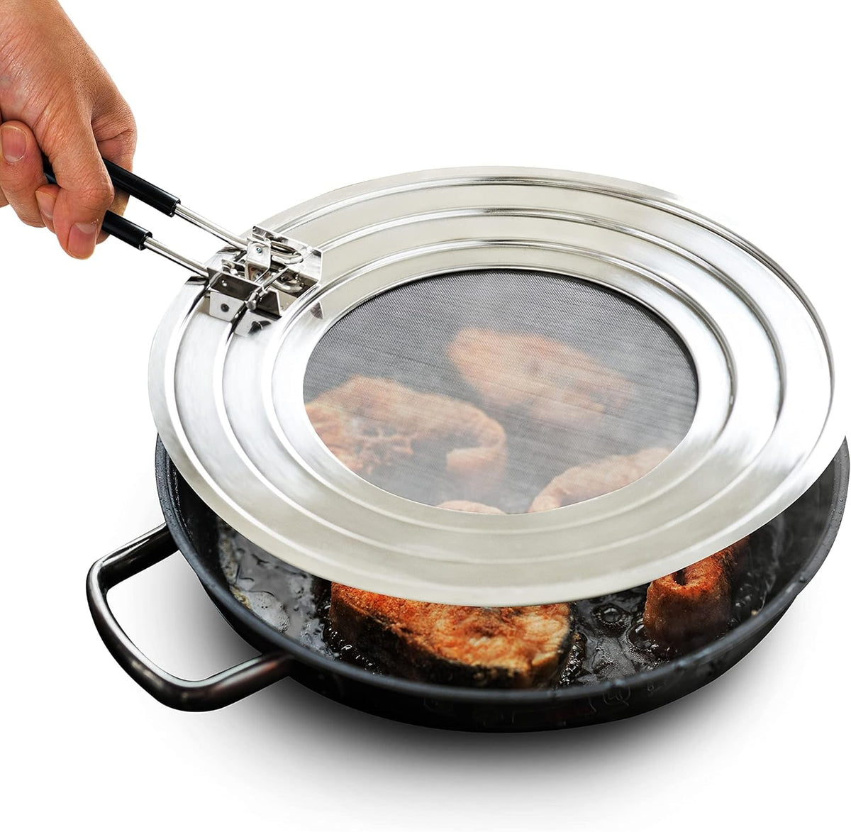 Dishwasher-Safe Splatter Screen Splash Guard for Kitchen Frying Pan Grease - Shields 99% of Stove Top from Bacon, Oil, or Deep Fryer - Easy to Clean or Store - Foldable Heat-Resistant Silicone Handle