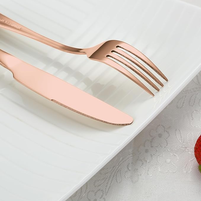Briout Rose Gold Silverware Set, 20 Piece Cutlery Set, Stainless Steel Flatware Set Service for 4 Include Spoons Forks Knives Tableware Utensil Set for Kitchen Home Restaurant, Shiny Rose Gold Polish