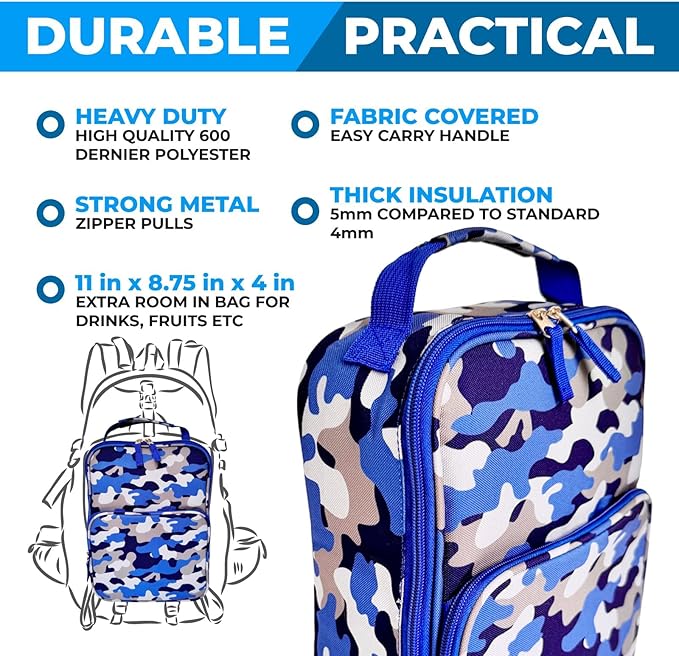 Camo Lunch Box for Boys, Bento-Box with Insulated Bag Ice Pack and Accessories, Set for Kids, Insulated Thermal Bag for School, Container Boxes for Big Kid Tween Adult Lunches, Blue Black Camouflage