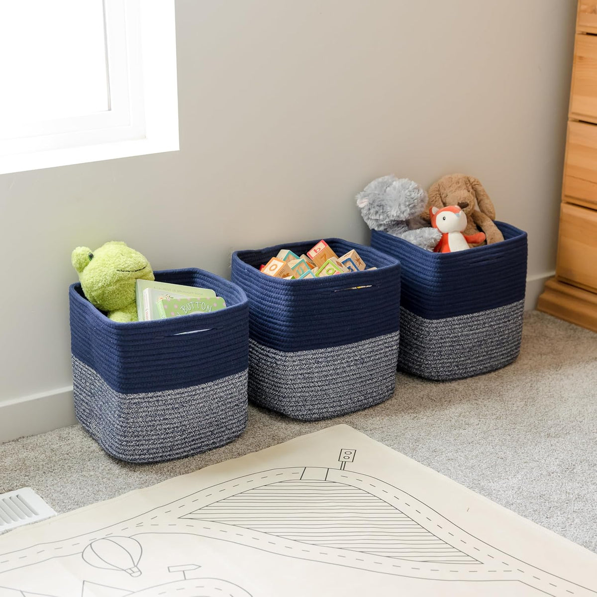 NaturalCozy 13 Inch Cube Storage Bins Cotton Rope Woven Baskets for Organizing 3-Pack | 13 x 13 Storage Cubes | Fabric Square Storage Baskets for Shelves Organizer, Kids Toy Bins, Closet Baby Nursery