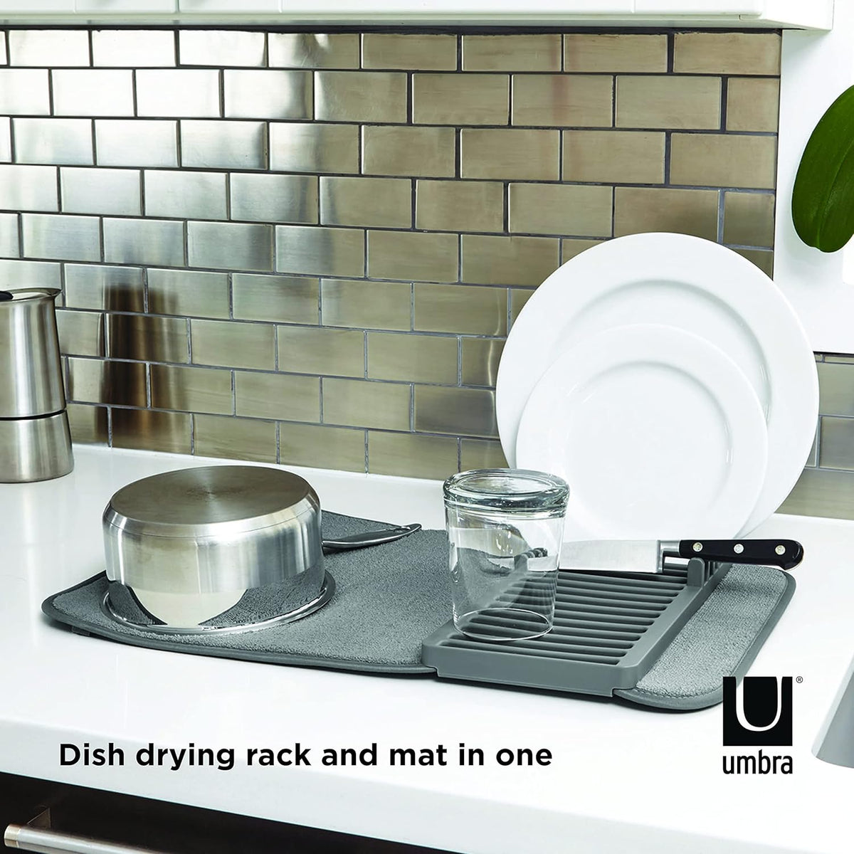 Umbra Udry Mini Dish Rack and Drying Mat, Charcoal, 20 x 13,