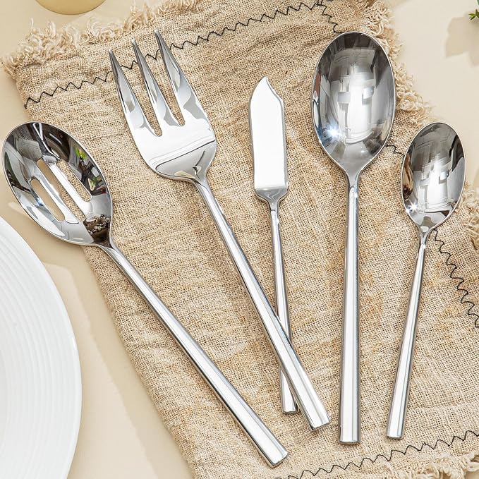 KINGSTONE 65-Piece Silverware Set with Serving Utensils, Forged Flatware Set Cutlery Set Premium Stainless Steel, Service for 12, for Home, Wedding, Party, Mirror Polished and Dishwasher Safe