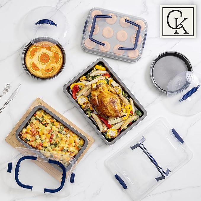 Country Kitchen Baking Pans Set - 10 Piece Non-Stick Cake Pans with Carry Lids for Easy Storage & Travel, Perfect for Parties - Stackable, Navy