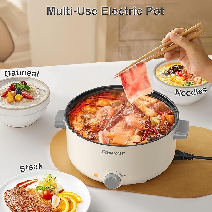 TOPWIT Electric Pot, 3L Hot Pot Electric, Rapid Noodles Cooker, Non-Stick Frying Pan, Multifunctional Electric Hot Pot for Steak, Egg, Ramen, Soup, Shabu Shabu Pot for Camping, RVs, Party, Beige