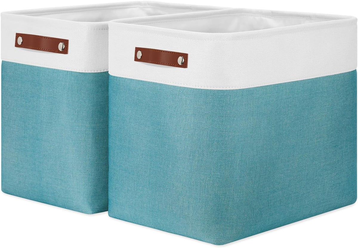DULLEMELO Extra Large Storage Baskets, Fabric Storage Bins for Organizing Shelves Nursery Toys Books, Closet Baskets and Bins with Handles, White&Teal, 2-Pack