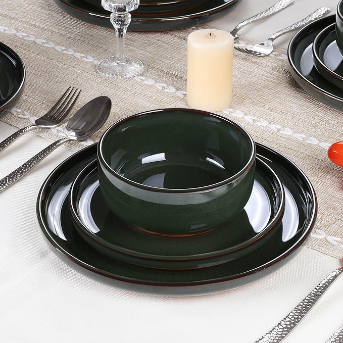 E-far Stoneware Dinnerware Sets for 4, 12 Pieces Reactive Glaze Plates and Bowls Sets, Elegant Dishes with Rustic Terracotta Base, Dishwasher & Microwave Safe, Scratch Resistant, Blackish Green