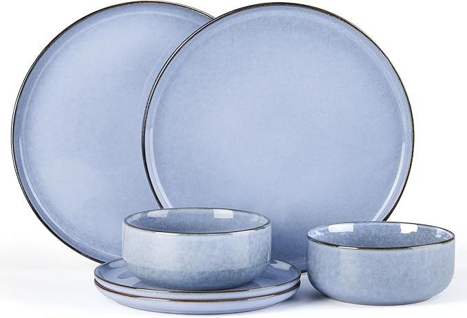 E-far 6-Piece Reactive Glaze Dinnerware Sets, Ceramic Dishes Set for 2, Stoneware Plates and Bowls Dinning Ware, Microwave & Dishwasher Safe - Ocean Blue