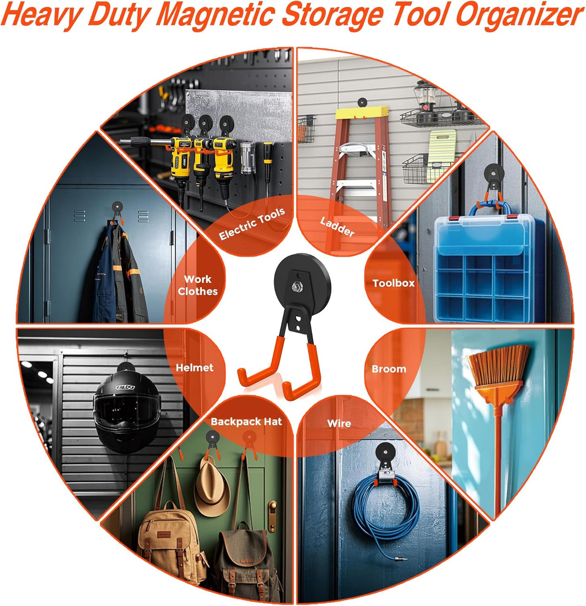 6Pcs Heavy Duty Storage Magnetic Utility Hooks Large Garage Strong Extra Magnet Hooks Hanger with Anti-Slip Coating Heavy Duty Magnetic Hooks for Hanging Power Dril Garage Garden Tools Orange