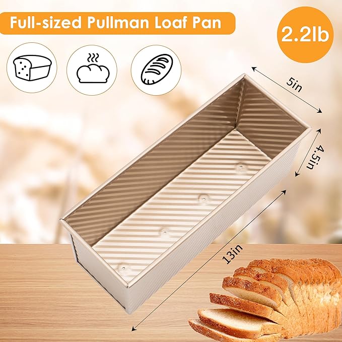 Bread Pan, 13 * 5inch Aluminized Steel Non-Stick Rectangle Pullman Loaf Pan with Lid, Long Sourdough Bread Loaf Pan for Homemade, Deep Bread Tin with Dough Scraper Cutter