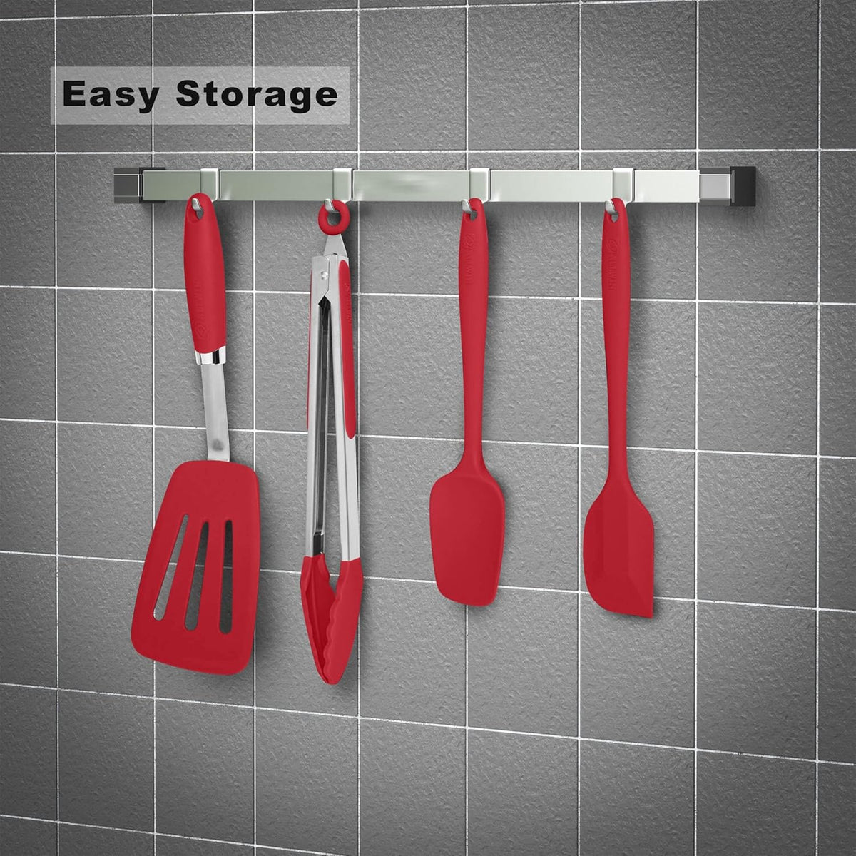 Silicone Spatulas Set Turners Tongs Cooking Utensils Set High Heat Resistant Kitchen Scraper Spatulas for Cooking Mixing Baking BPA Free Dishwasher Safe, Red