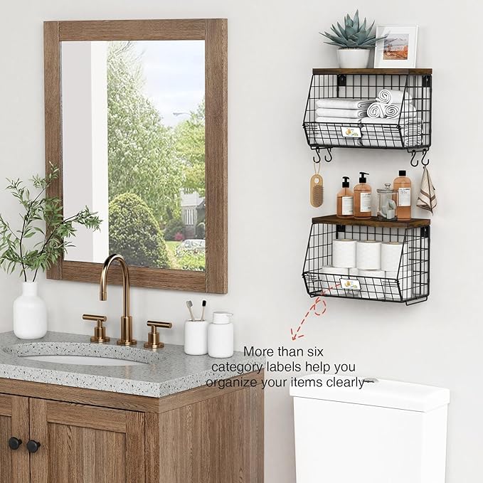 Goozii Hanging Wall Fruit Basket for Kitchen Counter 2 Pack, Stackable Wire Baskets for Organizing with Wood Lid, Potato and Onion Storage Bin with Banana Hook for Vegetable Produce, Black + Rustic