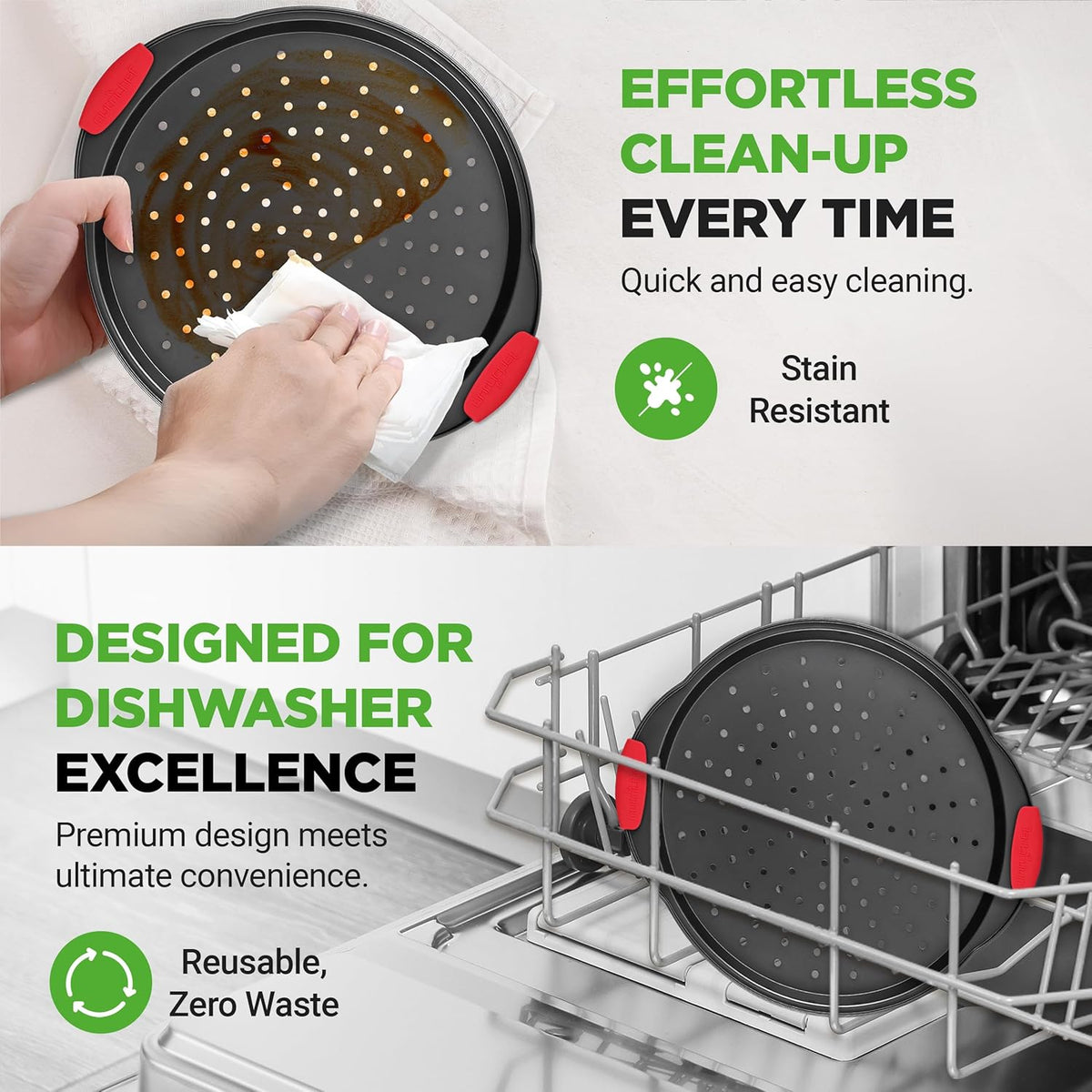 NutriChef 13-Inch Nonstick Pizza Tray - Round Carbon Steel Non-Stick Pizza Baking Pan with Perforated Holes, Premium Bakeware Pizza Screen with Silicone Grip Handles, Dishwasher Safe - NCBPIZ1
