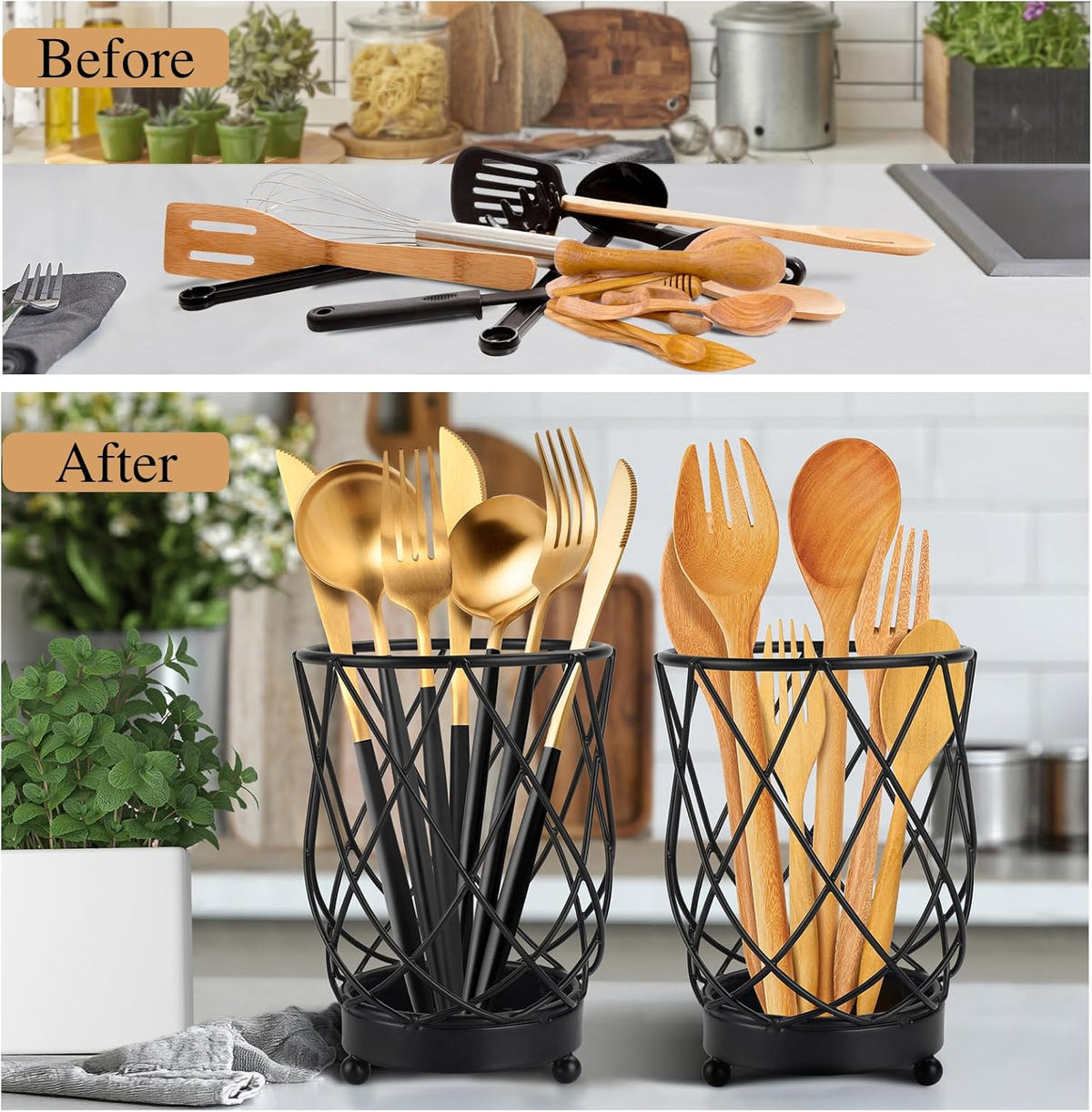MACEVIA Utensil Holder for Kitchen Counter, Black Metal Organizer with Diatomaceous Earth Base, 4" x 3" x 5.5", Countertop Storage for Spoons,Spatulas and Cooking Utensils,Set of 2
