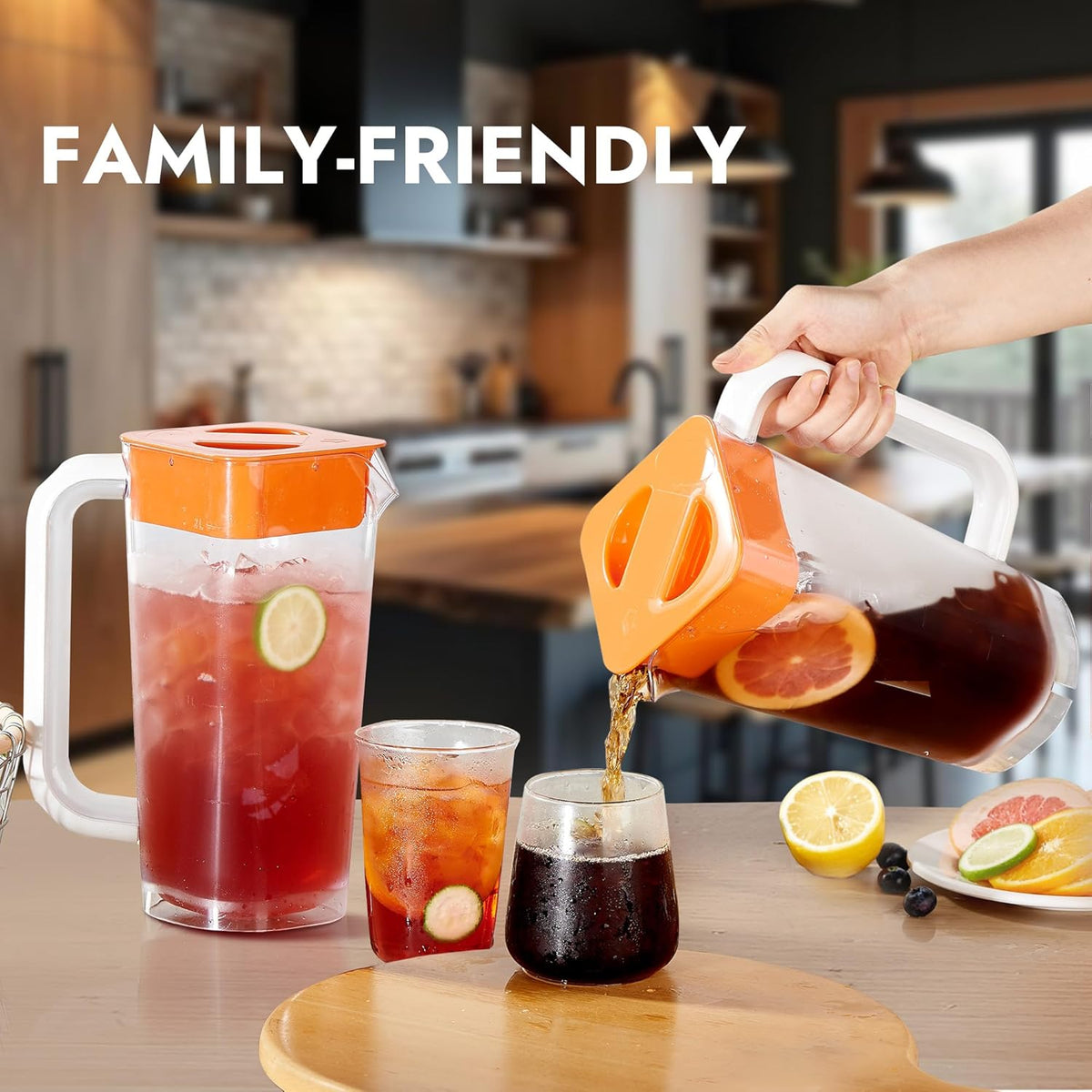 CURTA 2 Pack 2 Liters/68 oz Plastic Square Pitcher with Lid & Handle for Kitchen,ICED JUICE and Coffee Carafe Beverage Serveware, Acrylic Water Jug for Hot/Cold Drinks&lemonade
