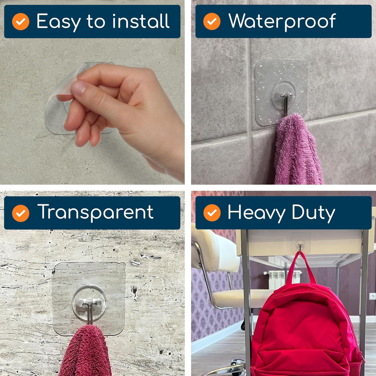 GLUIT Adhesive Wall Hooks for Hanging Heavy Duty 22 lbs Hooks for Walls No Damage, Towel Sticky Clear Hooks, Waterproof, Home, Bathroom, Kitchen, Office, and Outdoor, 40 Pack
