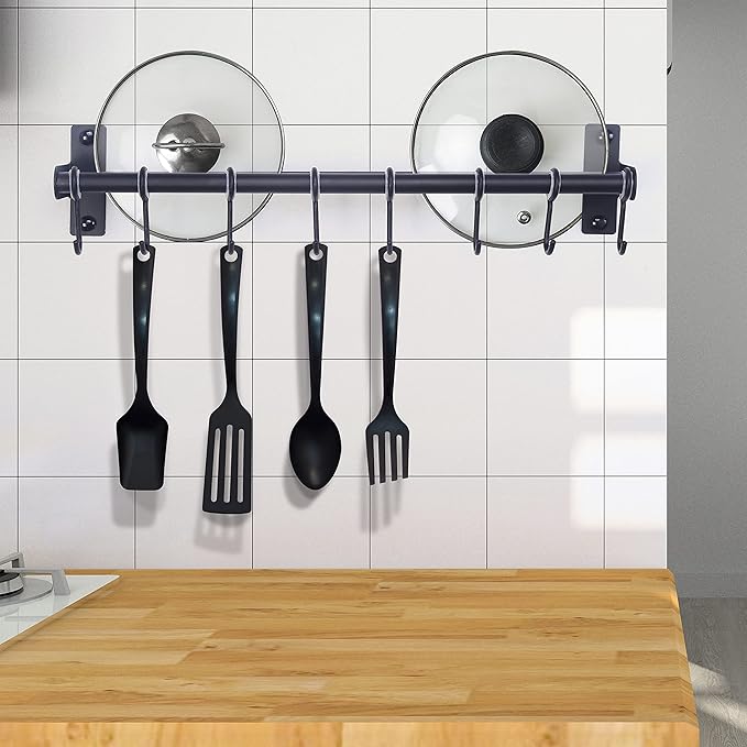 Dseap Pot Rack - Pots and Pans Hanging Rack Rail with 8 Hooks, Double Bars, Pot Hangers for Kitchen, Wall Mounted,Black