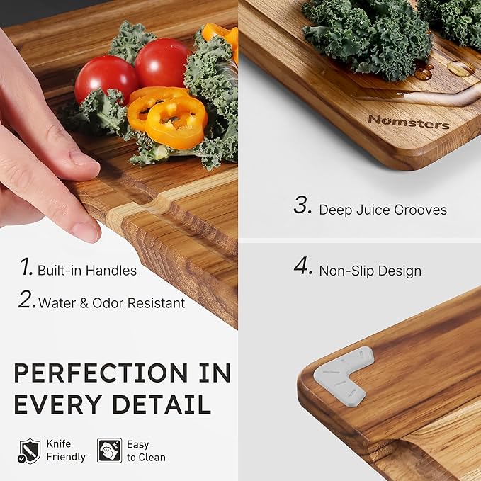 17'' Teak Wood Cutting Board for Kitchen Non Slip Charcuterie Board Serving Heavy Duty Non Toxic Wooden Chopping Board Thick Haus Edge Grain Wood, Knife Friendly Housewarming Gifts - FSC Certified