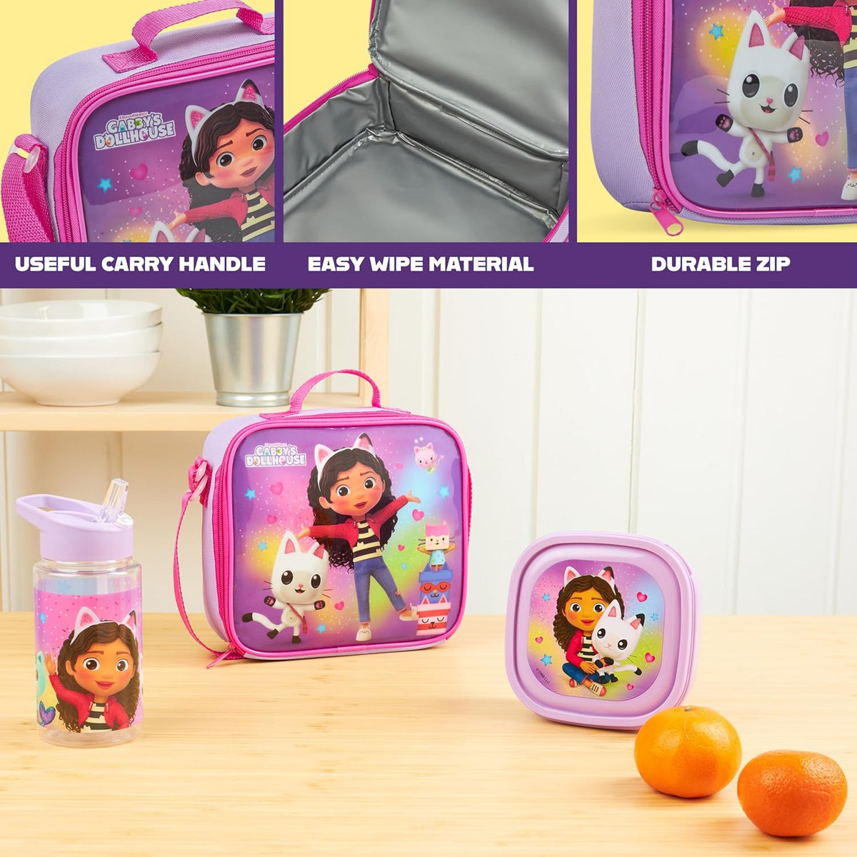 Get Trend Gabby's Dollhouse Kids Lunch Bag Set 3 Pc with Leak Proof Water Bottle and Small Lunch Box Insulated for School Daycare Travel (Gabby’s Dollhouse)