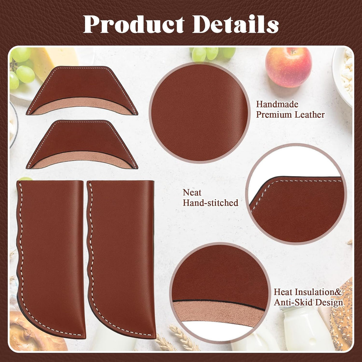 Baderke 4 Pcs Leather Cast Iron Handle Cover Handmade Leather Heat Resistant Skillet Handle Set Pot Holder for Hot Frying Pans, Pots(Dark Brown)