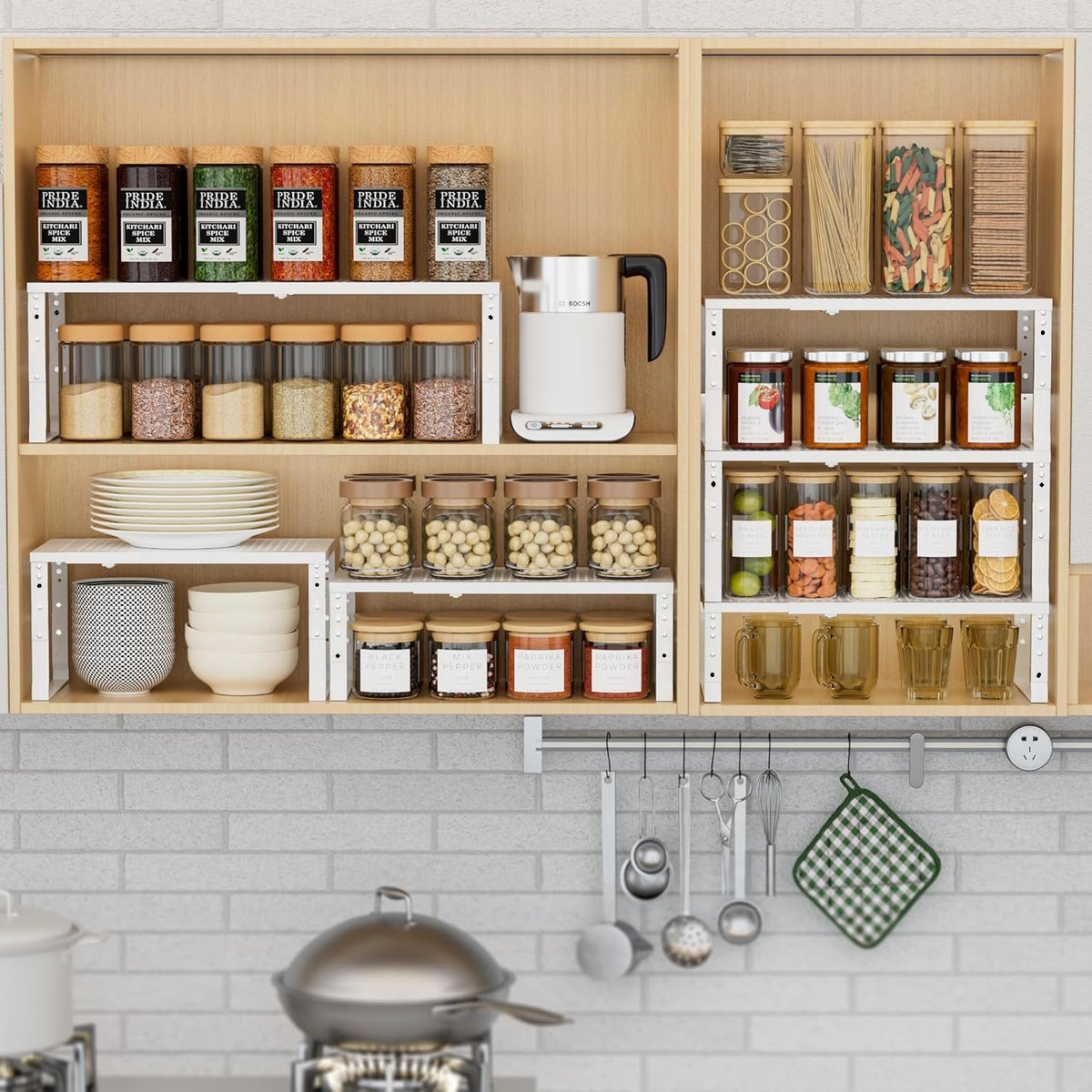 Expandable Spice Rack Kitchen Cabinet Shelf Organizer, Stackable Storage Shelves Racks, Adjustable Counter Shelving for Cabinets, Countertop, Cupboard,Pantry and More(3Packs/White/Medium)