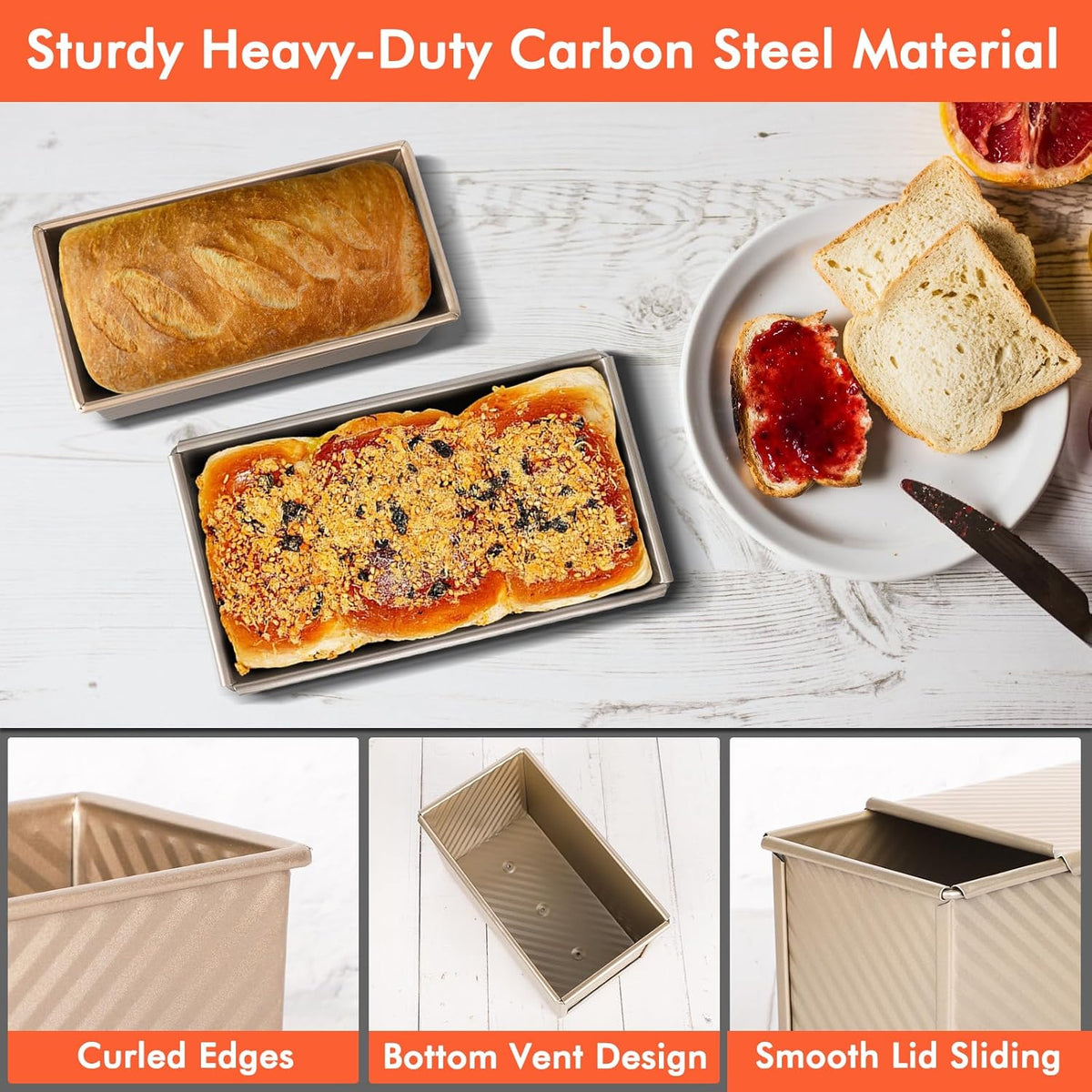 Beasea Pullman Loaf Pan with Lid, 2 Pack Non-Stick Bread Loaf Pans 1 lb & 0.5 lb Carbon Steel Bread Toast Box with Dough Scraper for Homemade Bread Toast Oven Baking - Gold
