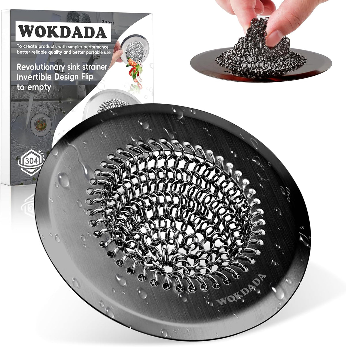 Sink Drain Strainer, Reversible Mesh Sink Strainer with 304 Stainless Steel, Wokdada Revolutionary Anti-Rust Kitchen Sink Drain Strainer for Garbage Disposal Food Catcher (Black)