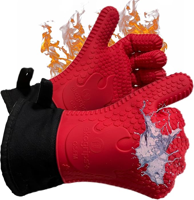 Ekogrips+ Premium Silicone Oven Mitts - Comfy, Waterproof, Heat Resistant BBQ Gloves for Grilling, Long Cuff for Added Protection, 5 Finger Dexterity, 3 Sizes, 4 Colors, L/XL, Red