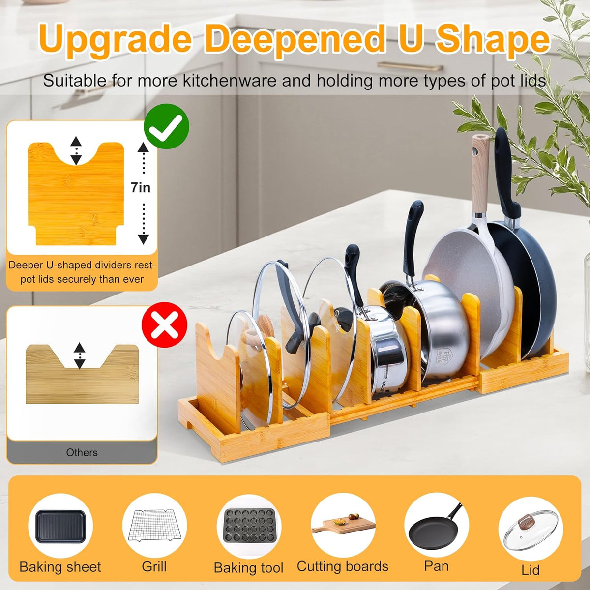 MinBoo Bamboo Expandable Pot Lid Organizer Pot Lid Holder, Pot and Pan Organizer Drawer Organizer for Pot Lids, Adjustable Dividers for Kitchen Cabinet Organizers and Storage,Small