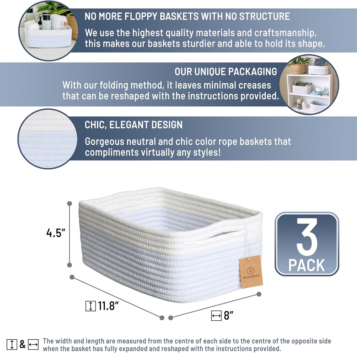 NaturalCozy 11.8"x8"x4.5” Rectangle Storage Baskets for Shelves 3 Pack | Cotton Rope Woven Small Baskets for Organizing | Small Storage Bins for Nursery, Bathroom, Closet, Shelf, Decorative, Gift