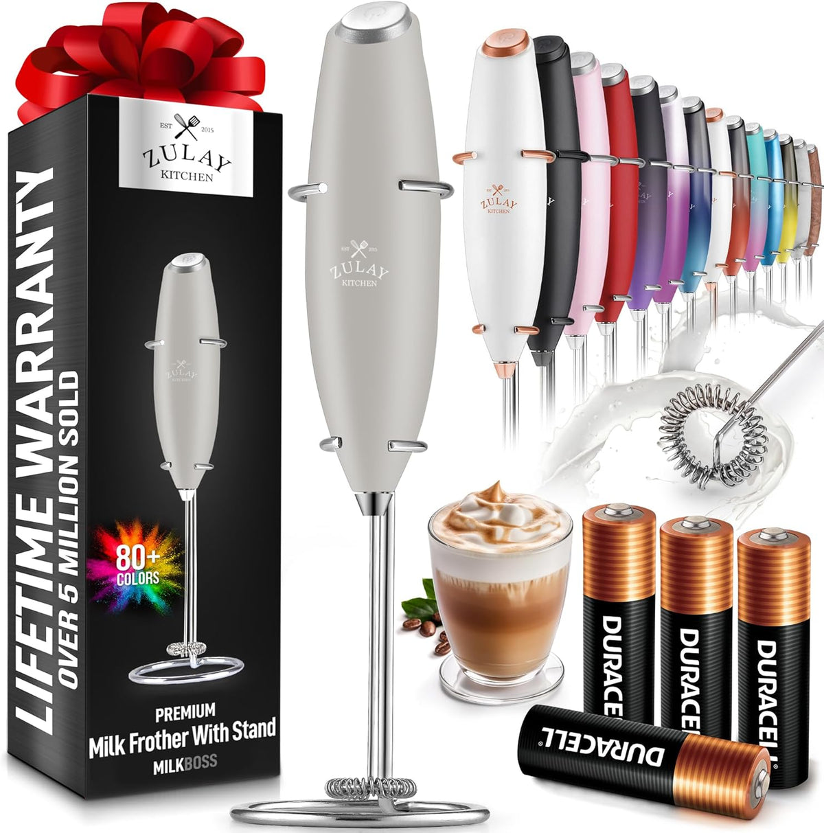 Zulay Kitchen Powerful Milk Frother Wand With 4 AA Duracell Batteries - Ultra Fast Handheld Drink Mixer - Electric Whisk Foam Maker for Coffee, Lattes, Cappuccino, Matcha & Creamer -