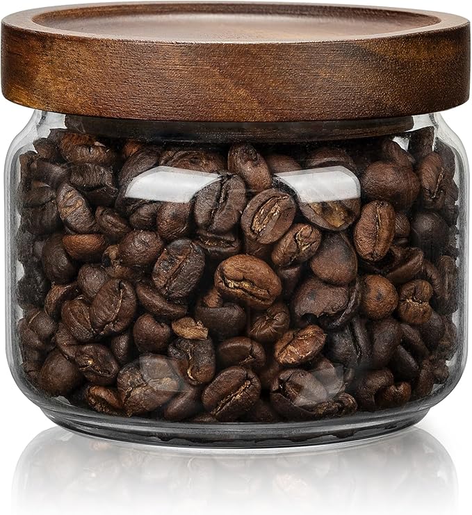 1 PC Small Glass Storage Jars with Airtight Lids, 11 fl oz (300ml) coffee container with Wooden Lid, Glass Pantry Canister for Beans, Rice, Sugar and etc