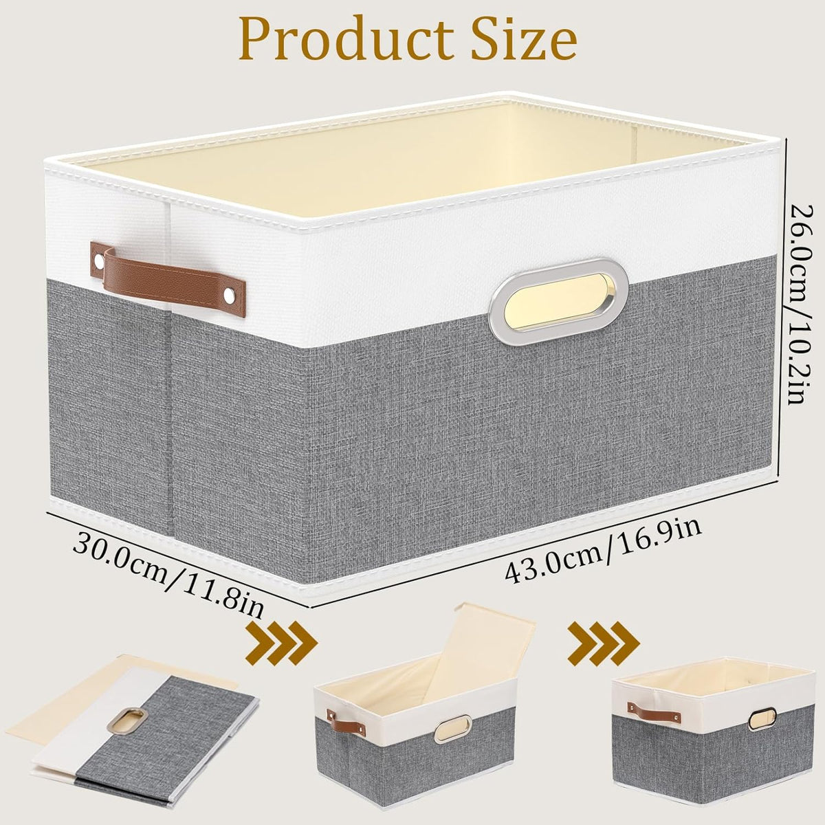 Yawinhe Fabric Storage Bins with Handles, Foldable Baskets for Shelves, Cubes with 3 Handles, Large Boxes for Clothes, White/Grey, 16.9''Lx11.8''Wx10.2''H, 6-Pack