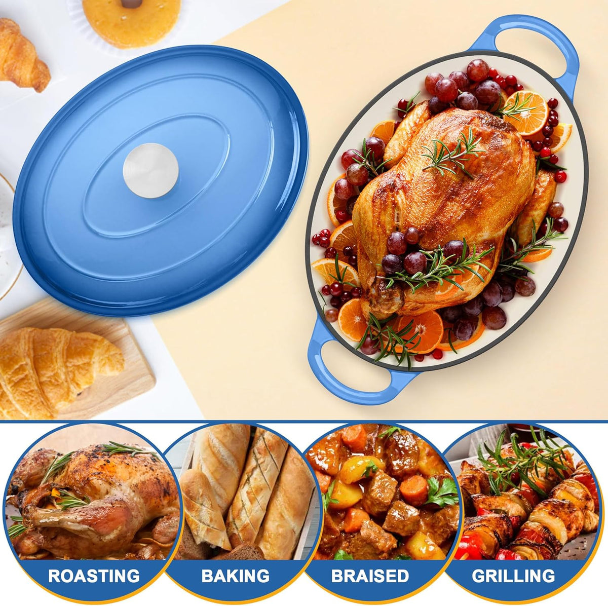 E-far 7QT Oval Dutch Oven Pot with Lid, Enameled Cast Iron Dutch Oven with Dual Handles for Sourdough Bread Baking Cooking, Nonstick Enamel Coated Cookware(Blue), Non-Toxic & Easy Clean