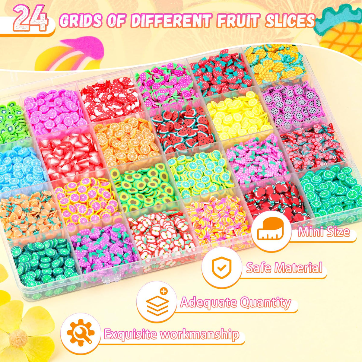 24-Grid Fruit Slice Polymer Clay Cute Slime Add Ins for Nail Art, Kawaii Scrapbooking Embellishments & Lip Gloss, Cellphone Decorations Bulk Slime Mix Ins Assorted Fruits Accessories for DIY Crafting