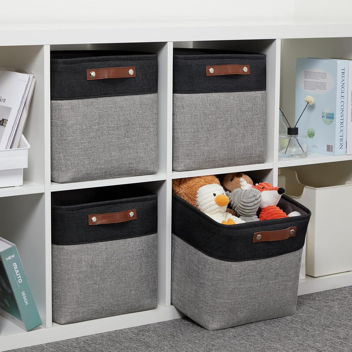 DULLEMELO Cube Collapsible Storage Bins, 12 inch Fabric Storage Cubes Bins Canvas Organization Baskets, Linen Closet Organizers Boxes for Home Organization and Storage (4 Pack - 12" Black&Grey)