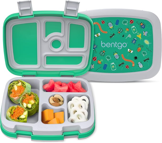 Bentgo Kids Prints Leak-Proof, 5-Compartment Bento-Style Kids Lunch Box - Ideal Portion Sizes for Ages 3-7, Durable, Drop-Proof, Dishwasher Safe, & PFAS & BPA-Free Materials (Bug Buddies)